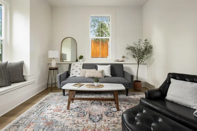 a living room with furniture and a potted plant