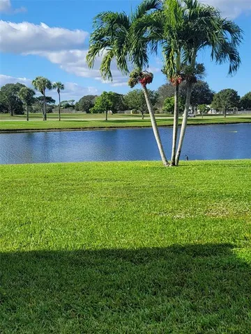 a view of a swimming pool with a lake and houses in the back