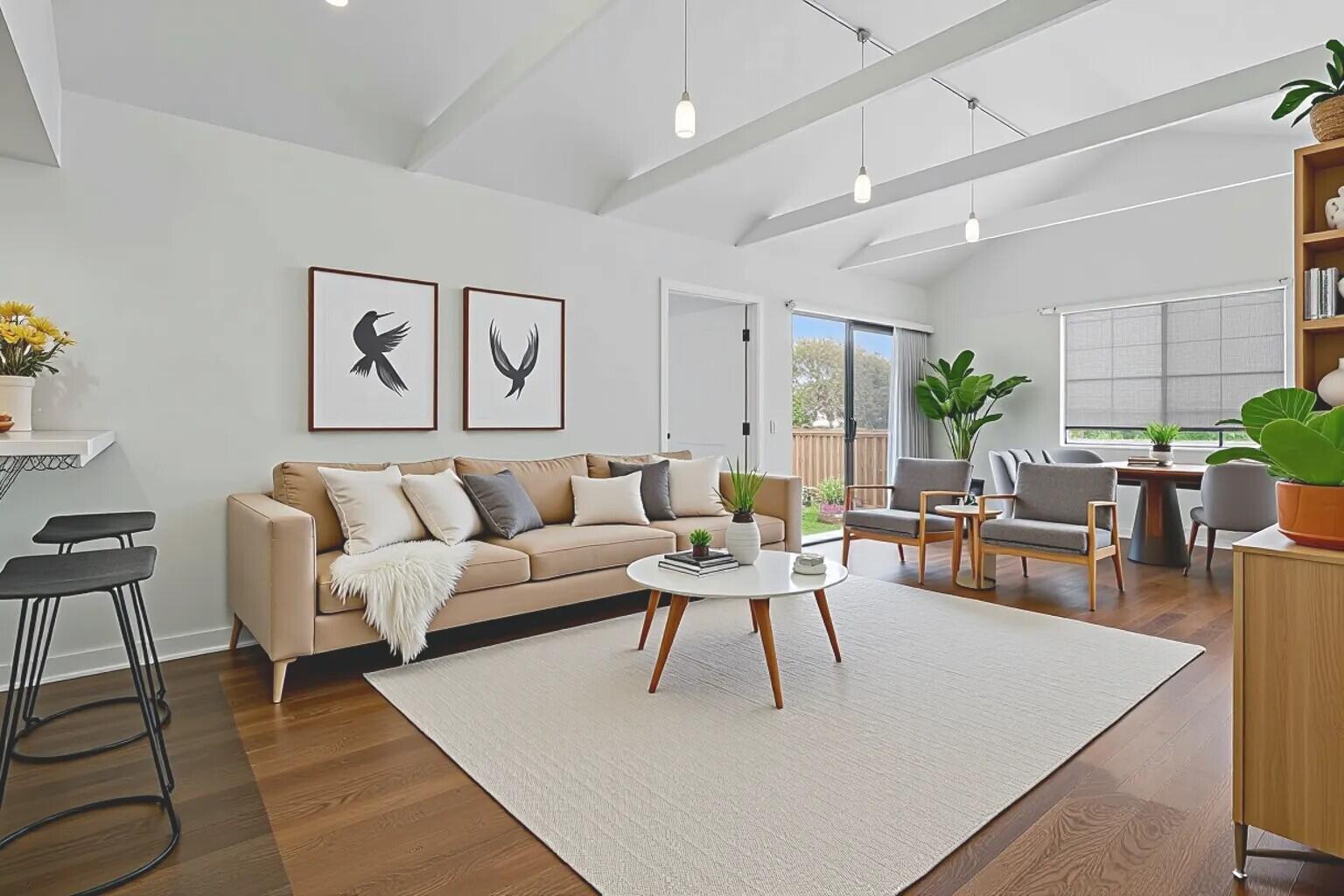 a living room with furniture and a table