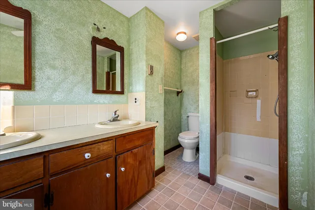 a bathroom with a shower and a toilet