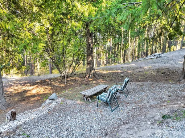 a backyard of a house with table and chairs