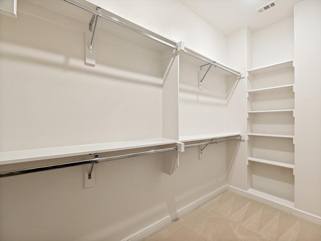 732 West 7th Street Dallas, TX 75208 - Photo 15 of 25 Walk-in closet featuring built-in shelving, multiple hanging rods, and neutral-toned carpeting