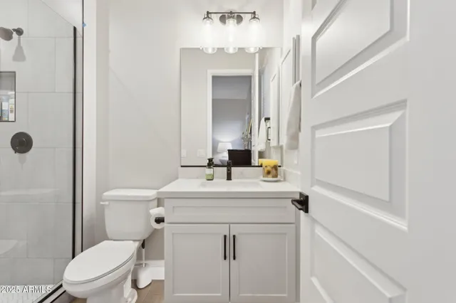 a bathroom with a sink a toilet a mirror and shower