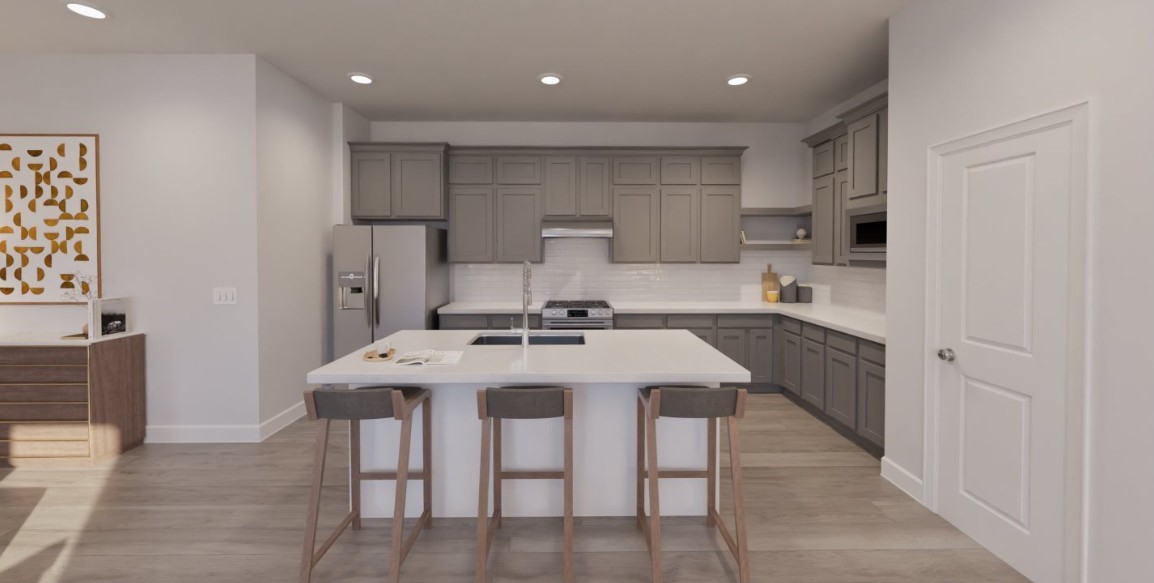 16558 Timberwolf Trail New Caney, TX 77357 - Photo 4 of 17 a kitchen with stainless steel appliances a sink a stove a refrigerator cabinets and a dining table