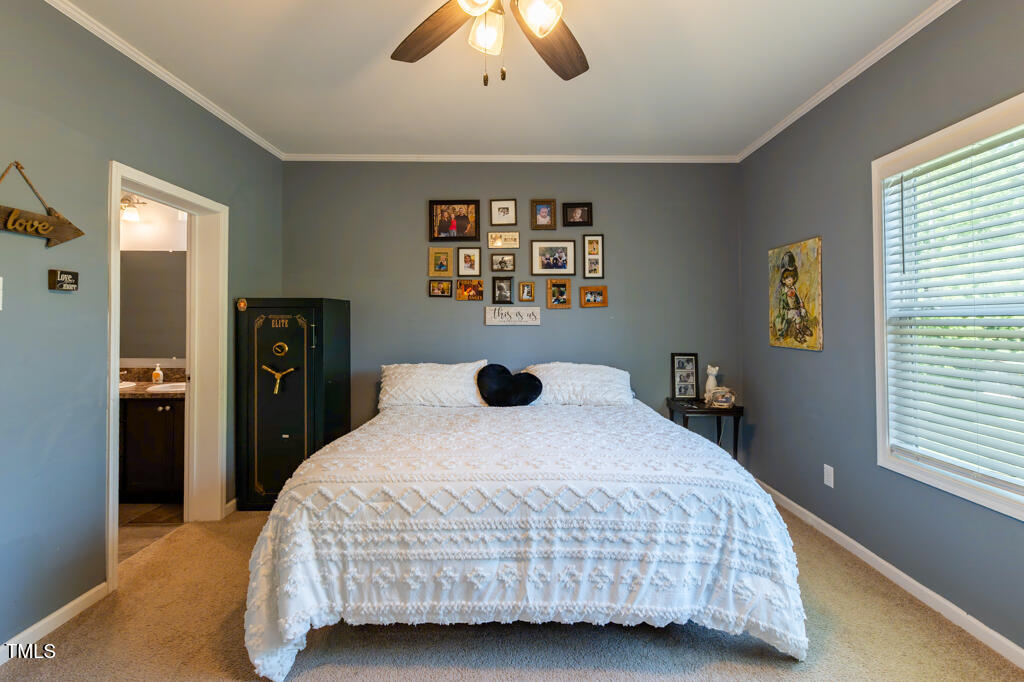 5912 Mt Zion Road Snow Camp, NC 27349 - Photo 21 of 33 a bedroom with a large bed and a chandelier