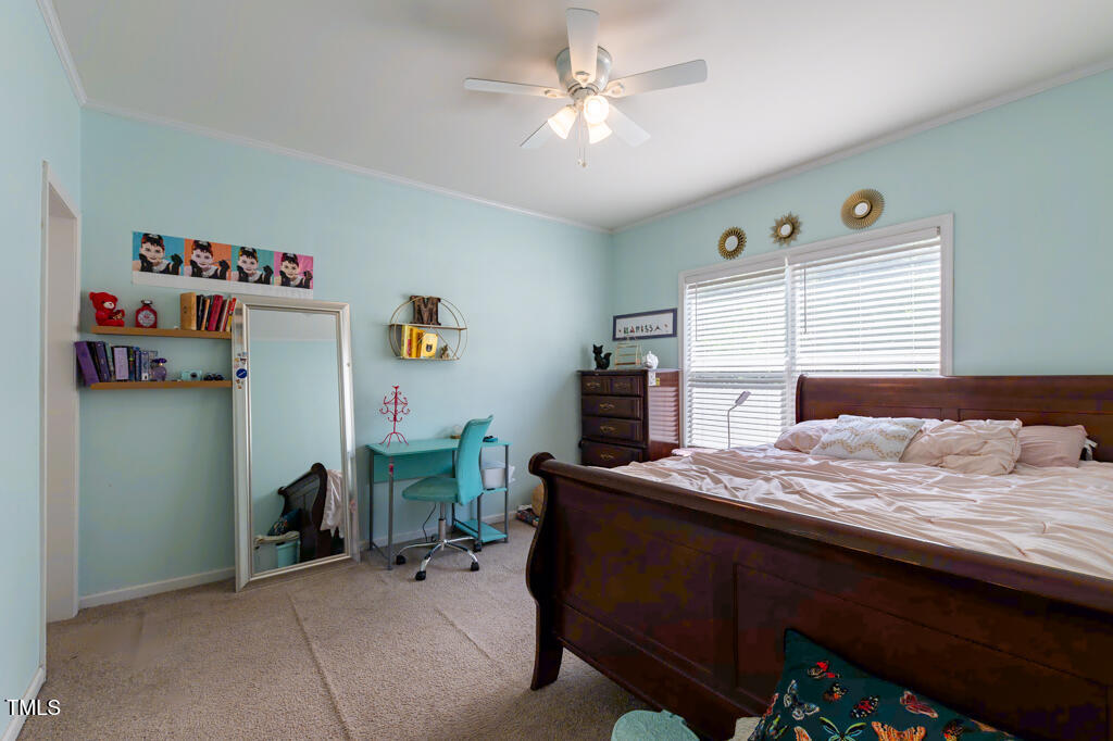 5912 Mt Zion Road Snow Camp, NC 27349 - Photo 27 of 33 a bedroom with a bed and a chandelier