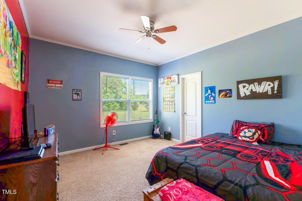 5912 Mt Zion Road Snow Camp, NC 27349 - Photo 29 of 33 a bedroom with a bed and a chandelier