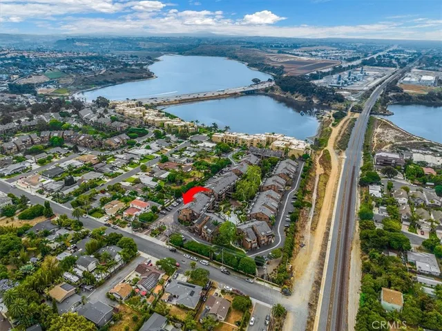 an aerial view of a swimming pool and outdoor space