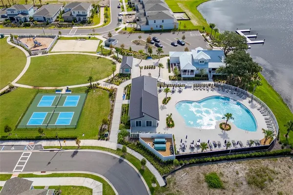an aerial view of a swimming pool
