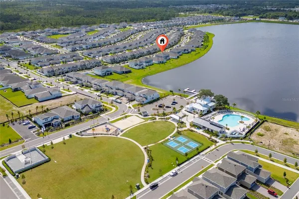 an aerial view of a swimming pool with a garden and plants