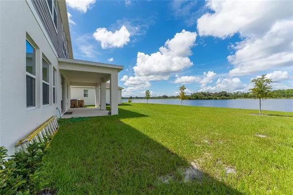a view of a lake with a terrace