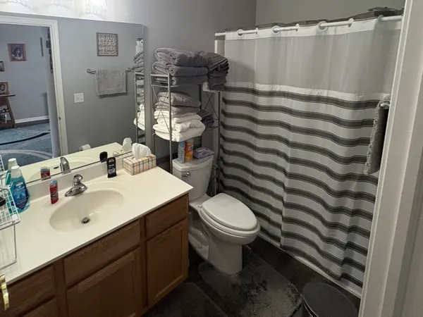 a bathroom with a sink toilet and shower
