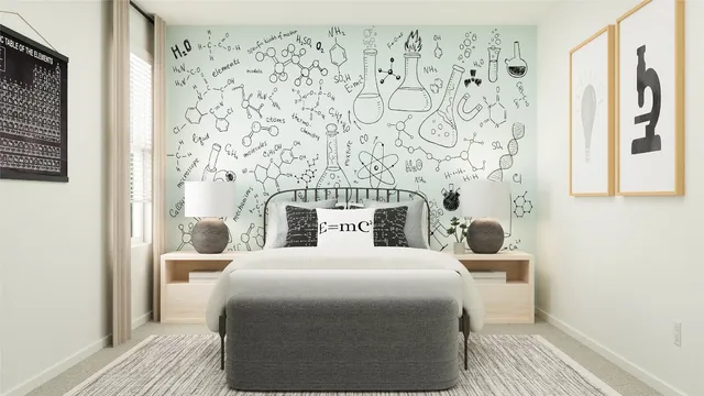 a bedroom with a bed and a potted plant