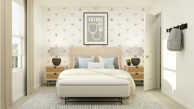 a bedroom with a bed and a potted plant