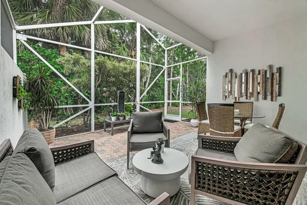 a view of a roof deck with couches