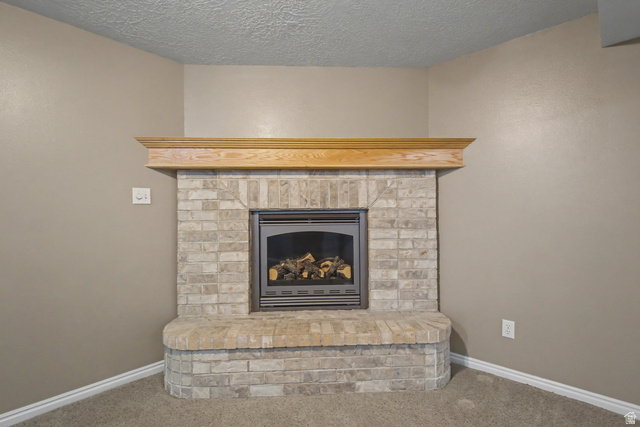 281 Winchester Drive Springville, UT 84663 - Photo 9 of 27 Detailed view of a fireplace, carpet floors, and a textured ceiling