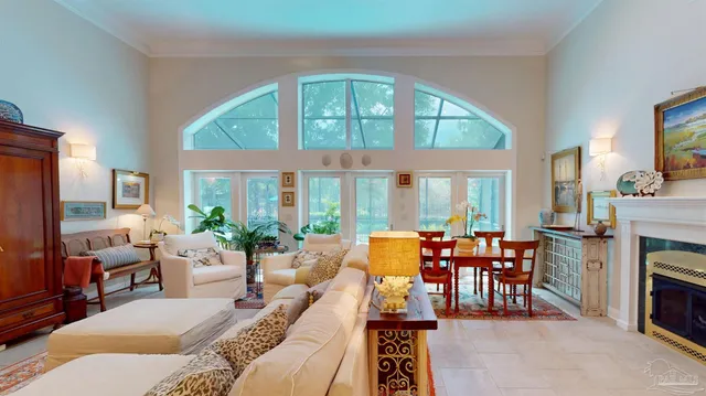 a kitchen with lots of counter top space and a chandelier
