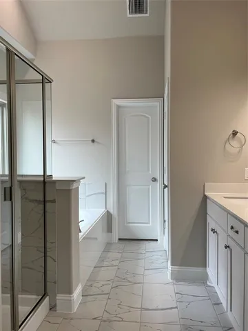 a bathroom with a shower and a sink