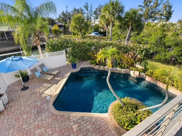 a view of a swimming pool with a yard and potted plants