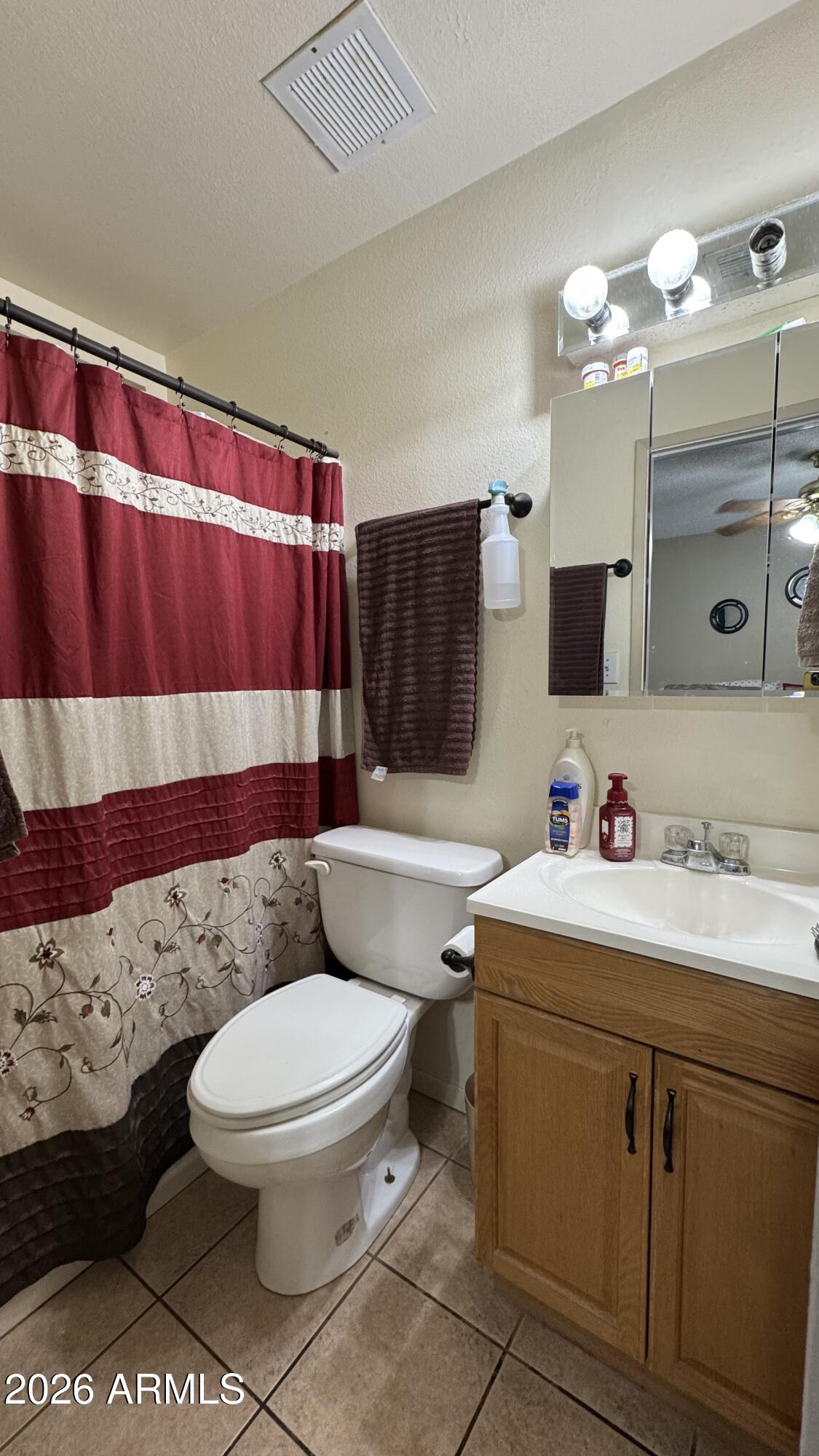 4151 West Shaw Butte Drive Phoenix, AZ 85029 - Photo 7 of 17 a bathroom with a sink a toilet a mirror and shower curtain