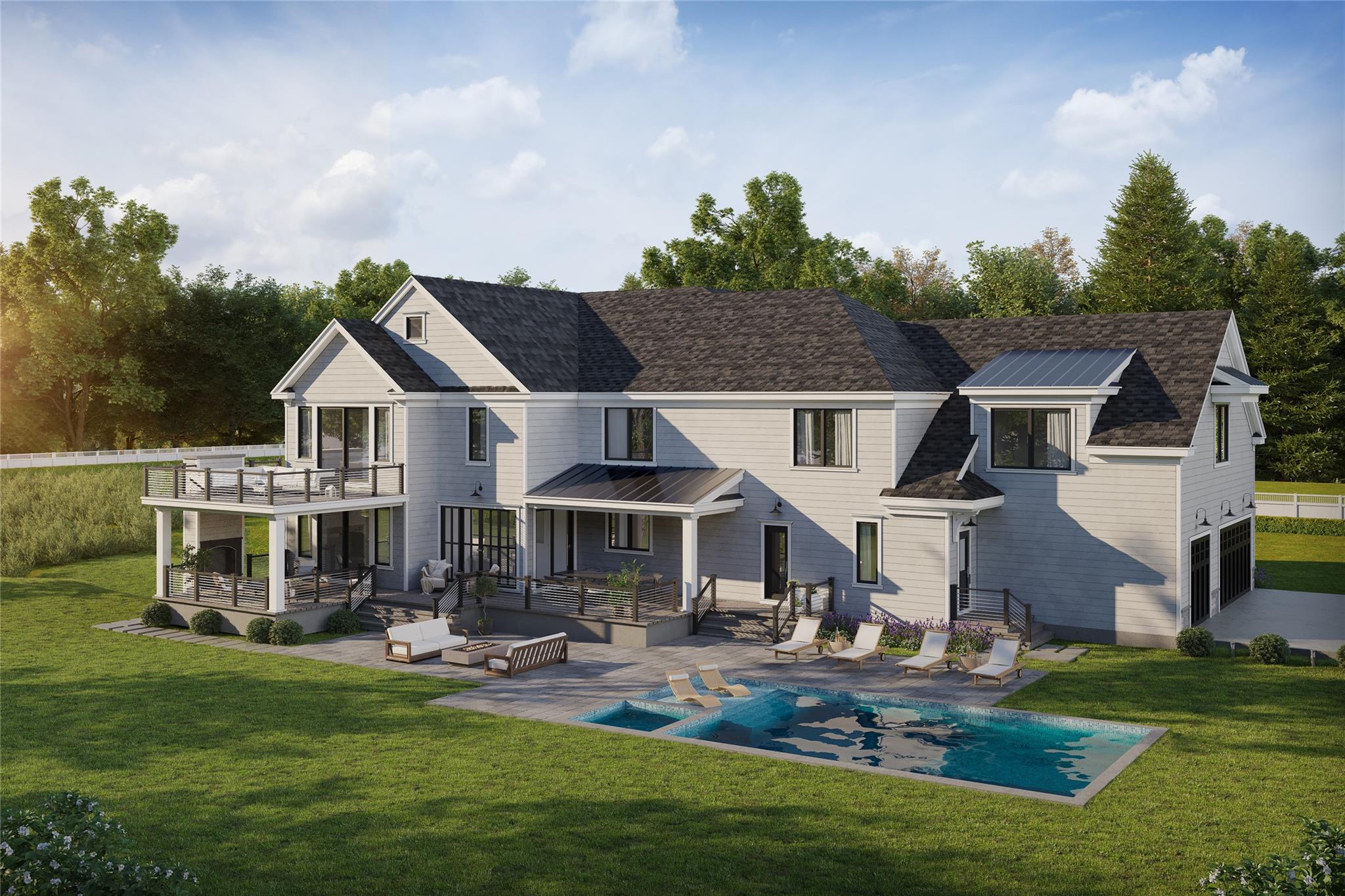 14 Stone Bridge Road Purchase, NY 10577 - Photo 2 of 6 Rear view of house featuring a balcony, an attached garage, a lawn, and an outdoor pool