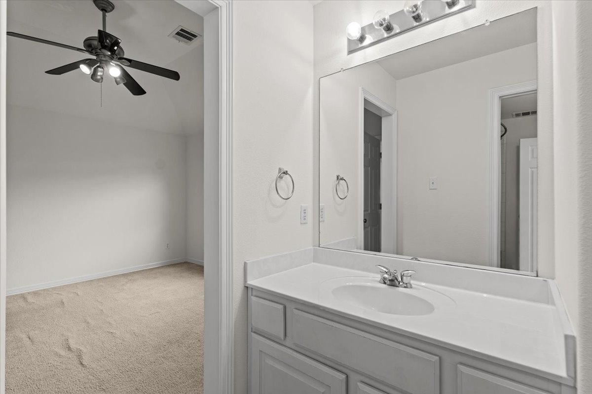2304 Village View Loop Pflugerville, TX 78660 - Photo 35 of 40 A well-lit bathroom vanity with a clean sink and large mirror, adjacent to a carpeted space with a ceiling fan.