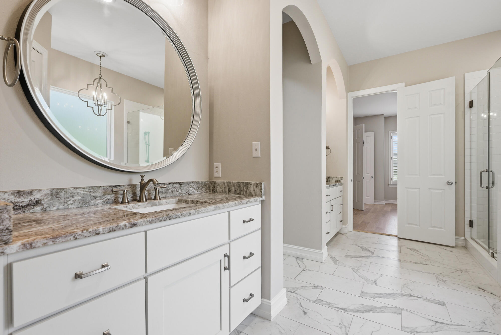 413 Sea Winds Drive Santa Rosa Beach, FL 32459 - Photo 30 of 65 a bathroom with a granite countertop sink a mirror and a vanity