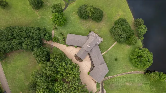 an aerial view of a swimming pool