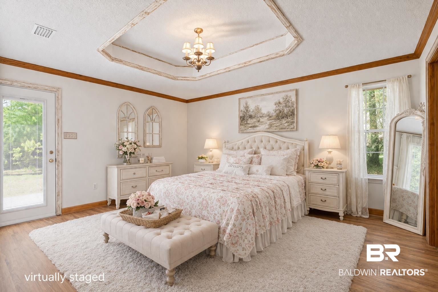 10140 Lakeview Road Bay Minette, AL 36507 - Photo 13 of 35 Bedroom featuring wood finished floors, access to exterior, a raised ceiling, ornamental molding, and suspended lighting