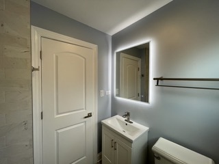 9042 South Lowe Avenue Chicago, IL 60620 - Photo 9 of 16 a bathroom with a toilet sink vanity and mirror