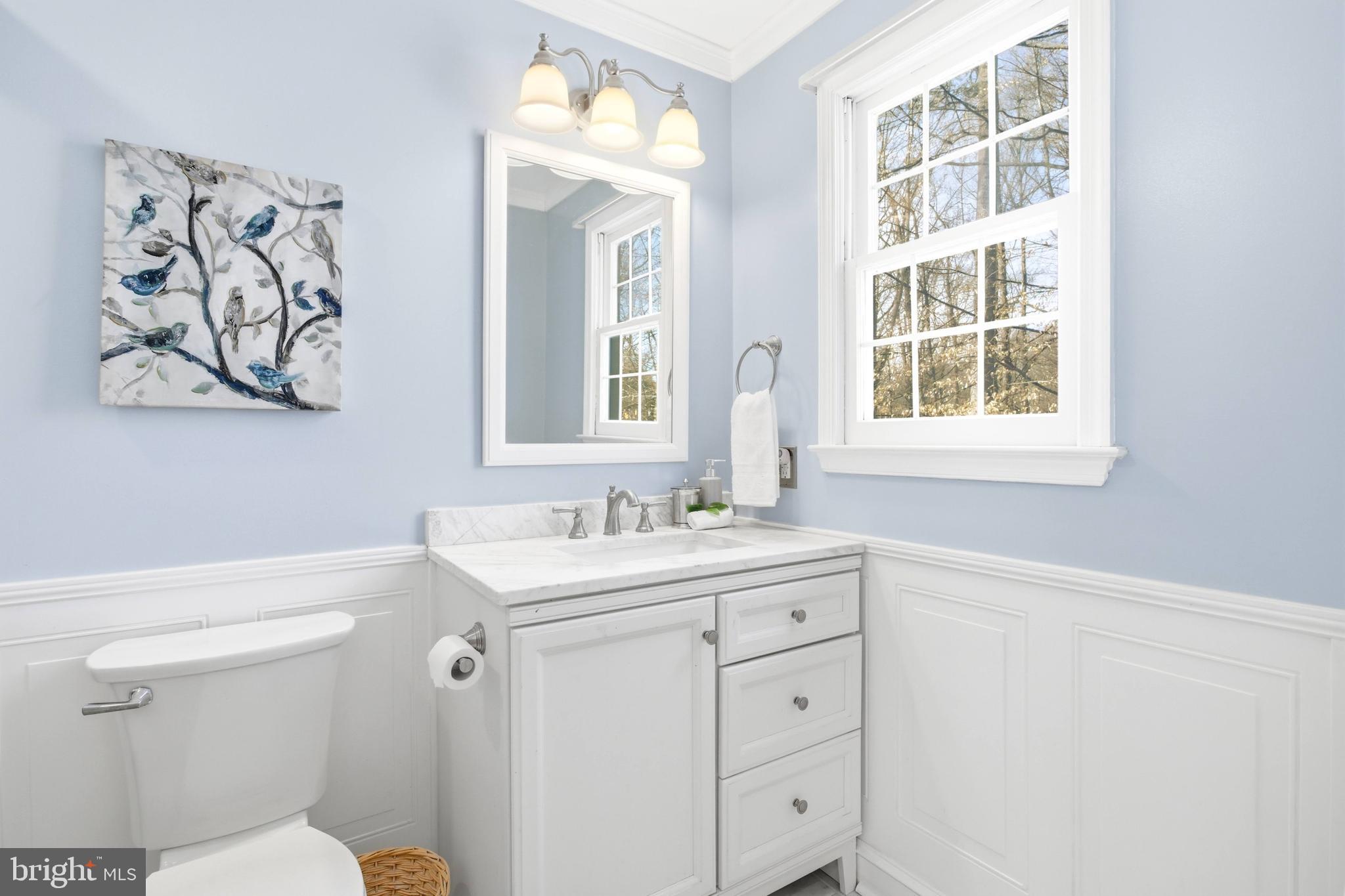 11316 Robert Carter Road Fairfax Station, VA 22039 - Photo 42 of 56 a bathroom with a granite countertop sink mirror and a toilet