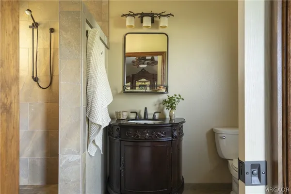 a bathroom with a sink mirror and a shower