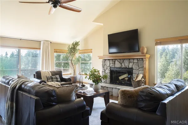 a living room with furniture a flat screen tv and a fireplace