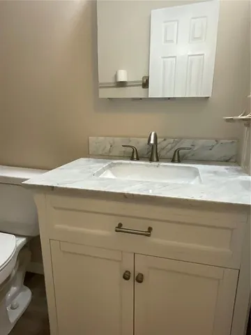 a bathroom with a sink a toilet and vanity