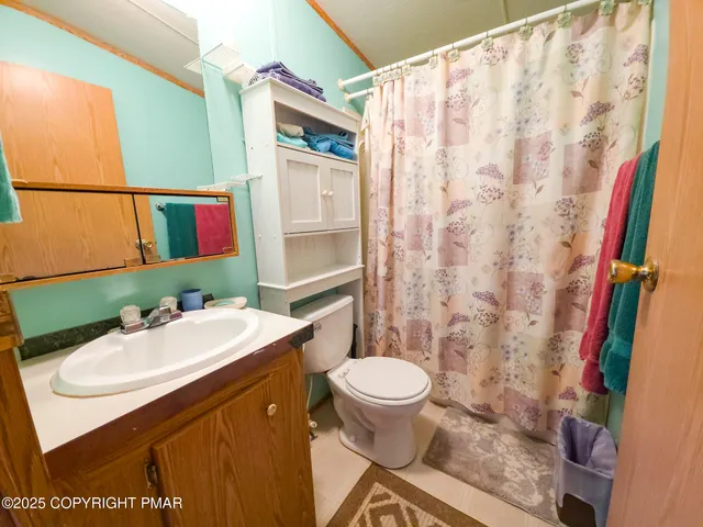 a bathroom with a sink a toilet and shower curtain