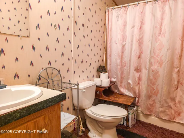 a bathroom with a granite countertop sink and a toilet