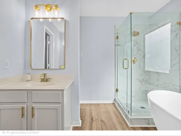 a bathroom with a sink a mirror and a shower