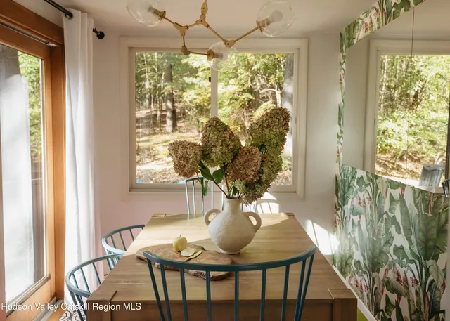 a view of a dining room with furniture window and outside view