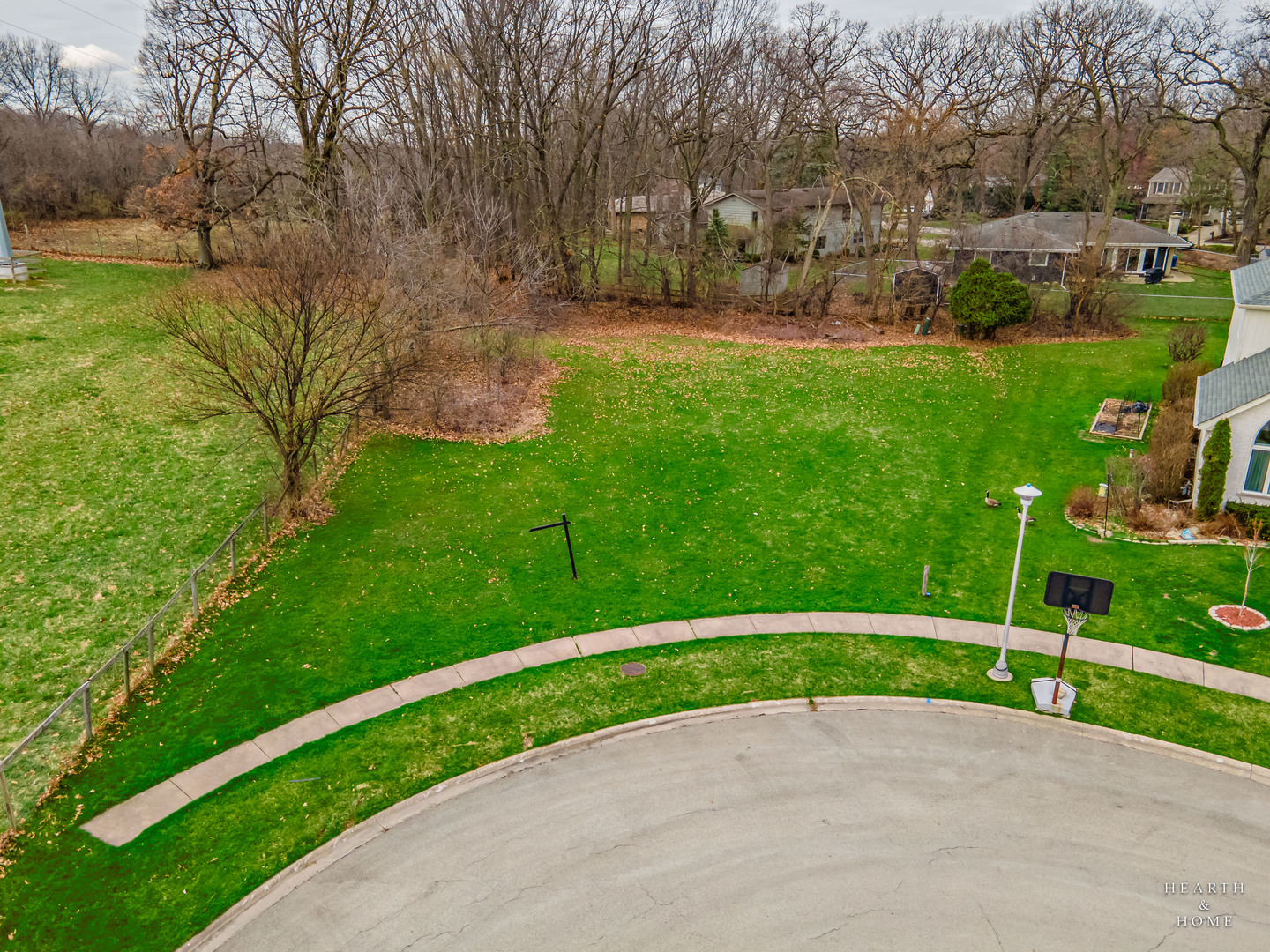 a view of a park with large trees