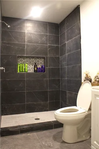 a bathroom with a toilet and a shower
