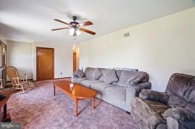 a living room with furniture a ceiling fan and a rug