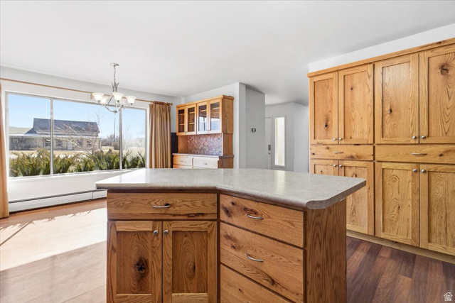 217 East 400 South Spring City, UT 84662 - Photo 12 of 71 Kitchen with a kitchen island, a baseboard radiator, dark wood-style flooring, suspended lighting, and wood finish cabinetry