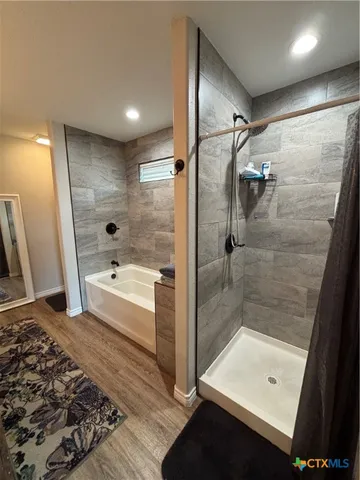 a bathroom with a tub shower and sink
