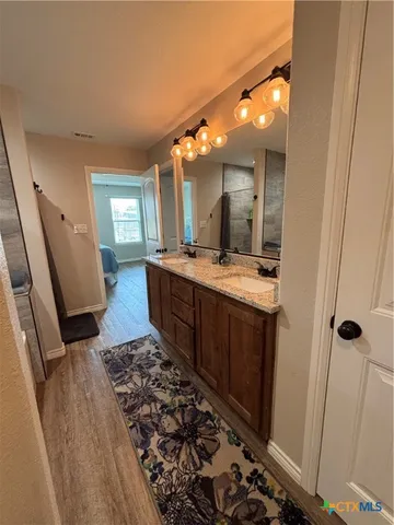 a bathroom with a sink and a mirror