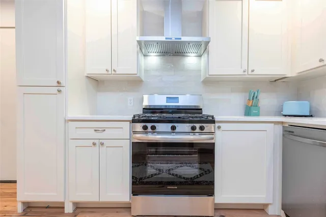 a stove top oven sitting inside of a kitchen