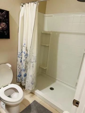 a bathroom with a shower and a toilet