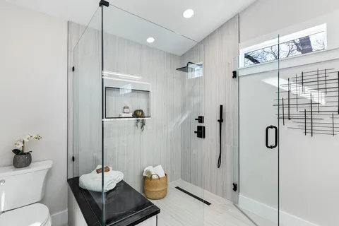 a bathroom with a shower and a toilet