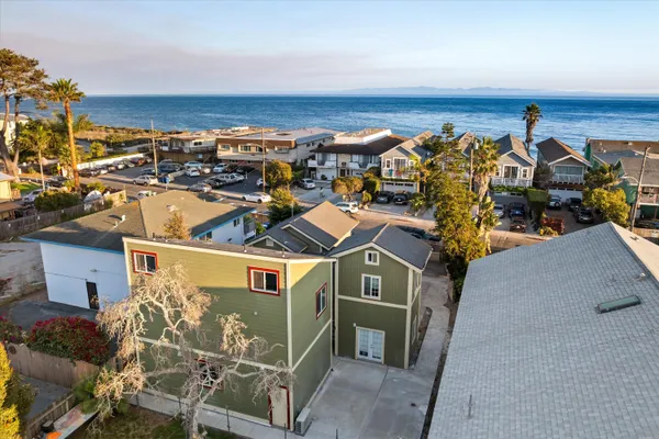 an aerial view of a building with outdoor space