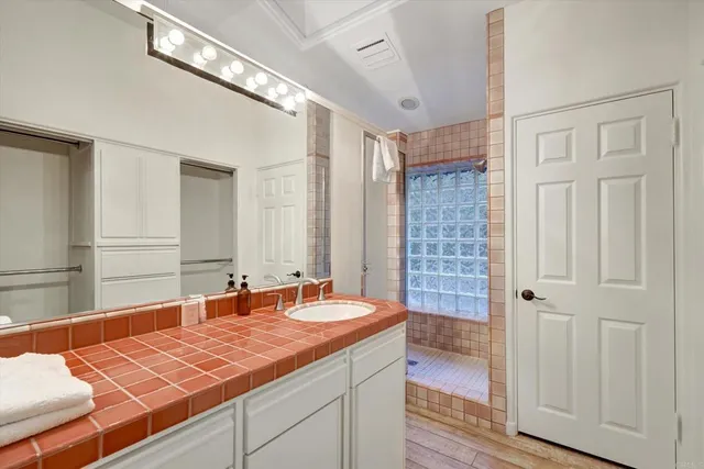 a bathroom with a granite countertop sink a mirror and a shower
