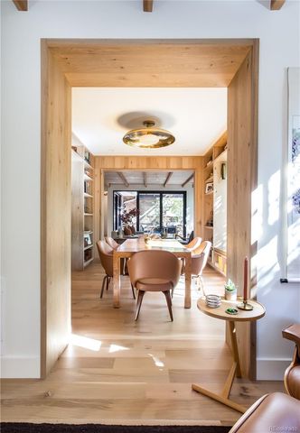 a view of dining room with wooden floor